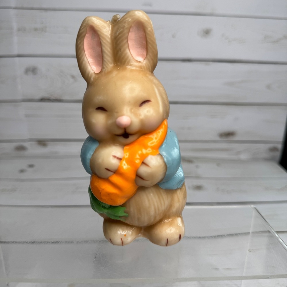 Vintage Easter Bunny Candle Holding Carrot Blue Jacket 5" Figurine‎ Style Decor